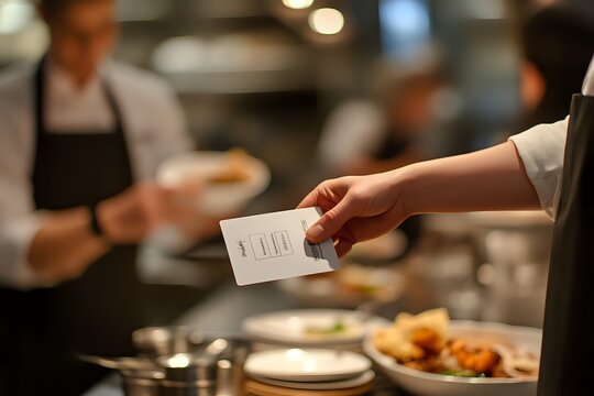 A person's hand holding a loyalty card at a restaurant, with the table in the background blurred.