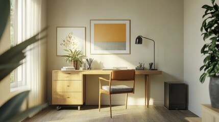 Detailed shot of a minimalist home office with a tidy desk, minimalistic decor, and a modern chair