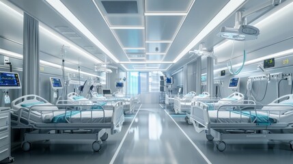 This spacious hospital environment showcases well-organized beds and cutting-edge technology, highlighting a serene atmosphere of patient care