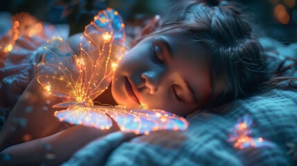 A girl peacefully sleeps surrounded by luminous butterflies, enveloped in a dreamy atmosphere filled with wonder and enchantment at dusk