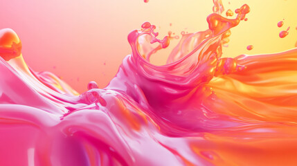 A colorful 3D splash in gradients of pink and orange, with fluid, organic shapes spreading out from the center, creating a warm and vibrant abstract background with soft transitions.