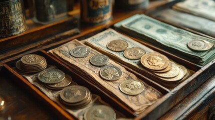 A wooden box with a bunch of coins and dollar bills