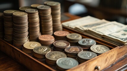 A wooden tray with a pile of coins and bills