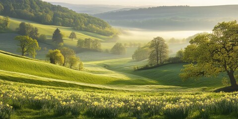 Obraz premium Serene landscape with rolling hills, lush greenery, and a field of blooming flowers at dawn.