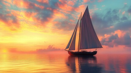 Fototapeta premium A sailboat with tall sails gliding smoothly over a calm ocean at sunset, the sky ablaze with rich colors as evening falls.