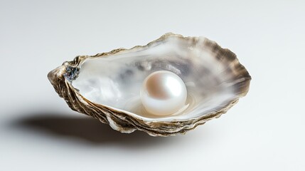 Naklejka premium A single pearl shining within the soft, iridescent nacre of an oyster shell, close-up shot on a minimalist white background.