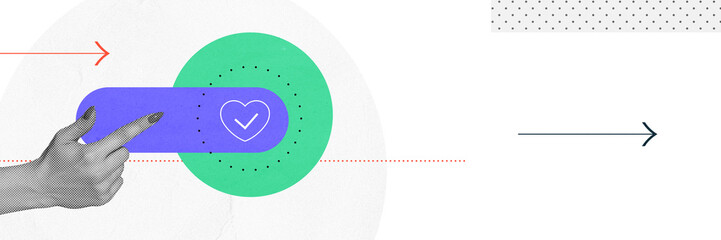 Banner. Contemporary art collage. Hand moves flag with heart symbol with check mark, which indicates timely check-up. Useful for websites and articles. Concept of health insurance, business, emergency