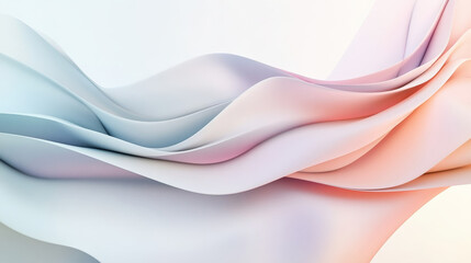 A dynamic 3D abstract wave pattern, featuring soft, fluid curves in pastel hues, flowing smoothly across a minimal white background with gentle shadows for depth.