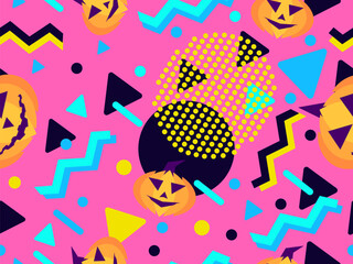 Halloween seamless pattern with geometric shapes in 80s Memphis style. Carved Halloween pumpkin with Halloween symbols and geometric shapes. Jack-o-lantern, trick or treat. Vector illustration