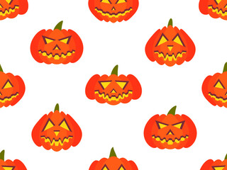 Halloween pumpkins seamless pattern. Halloween carved pumpkin face. Happy Halloween October 31st, trick or treat. Jack-o-lantern. Design for print, posters and banners. Vector illustration