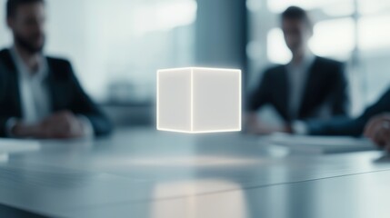 A futuristic meeting scene featuring a glowing cube hovering above a table, with professionals engaged in discussion in a modern office setting.