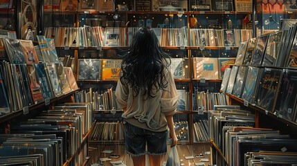 Illustrate a solo shopper perusing the aisles of a vintage vinyl record store, flipping through stacks of LPs and CDs