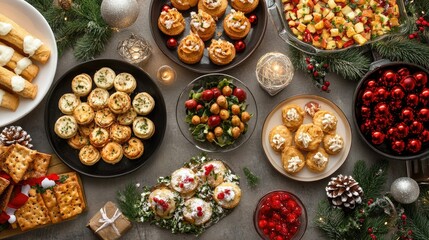 A spread of delicious Christmas appetizers on a decorated holiday table, featuring savory and sweet bites perfect for a festive celebration.