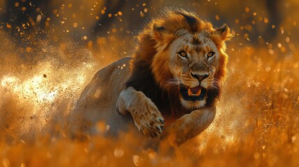 Naklejka premium A lion is running through the grass with its mouth open