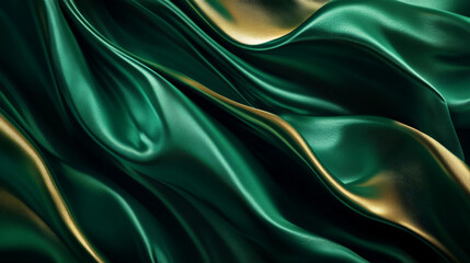 Obraz premium A flowing abstract background with silk folds in rich emerald and soft gold, with smooth textures and glossy highlights creating depth and elegance.