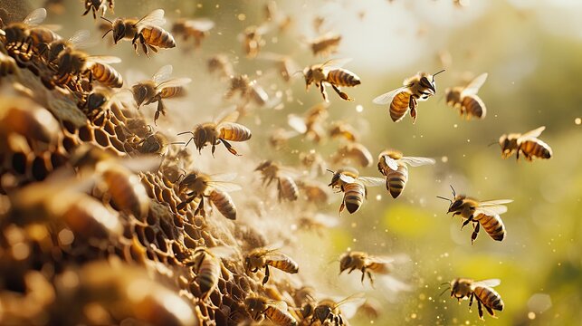A swarm of bees buzzing at the entrance of a busy beehive, flying through the spring air, capturing the energy and movement of a healthy honey bee colony.