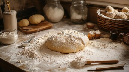 Freshly made dough on a rustic kitchen table, surrounded by flour and baking tools, ready for a delicious baking adventure.