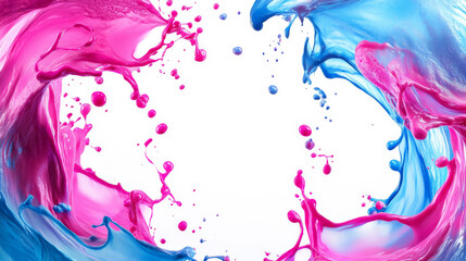 A fluid frame of neon pink and blue splashes around a clean white background, with dynamic, swirling shapes and smooth, organic transitions.