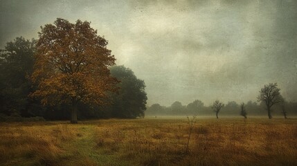 Rain-soaked meadow under a brooding sky, twisted trees lining the horizon, muted hues of autumn blending into the mist, capturing a sense of melancholy and peace