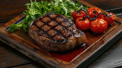 A thick Wagyu steak charred to perfection, placed on an old wooden board with roasted tomatoes and green lettuce. Rustic background with copy space.