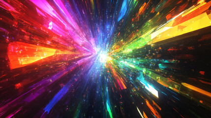 Obraz premium A futuristic color prism backdrop with angular prisms refracting intense rainbow light into intricate, colorful beams across a deep black background.