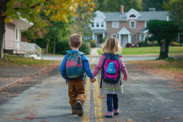 Obraz premium Two children holding hands and walking down a quiet suburban street with backpacks on their backs, heading to school during autumn.
