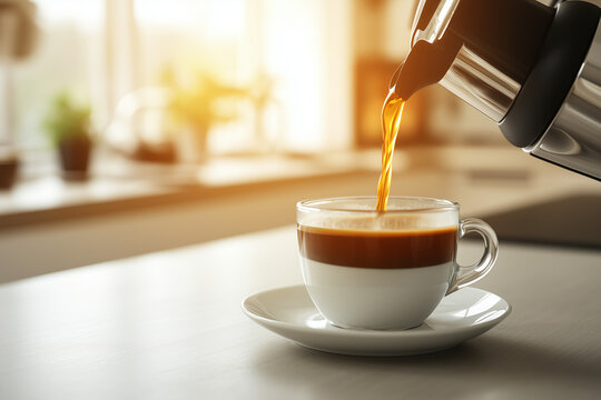 Close-up of a French press coffee being poured into a cup