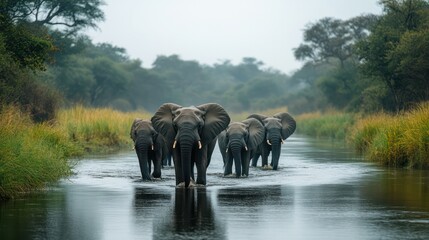 A group of elephants are walking across a river