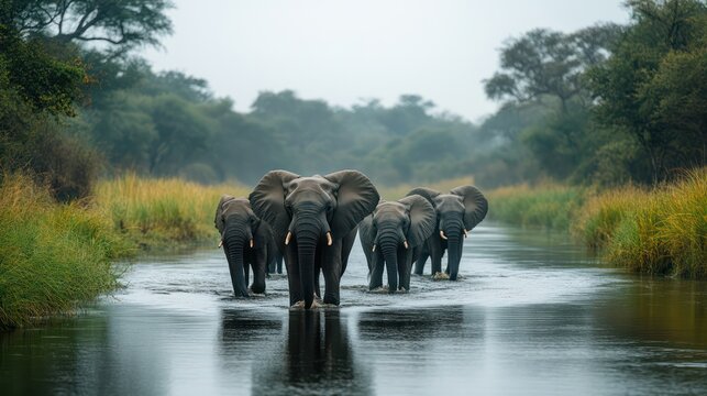 A group of elephants are walking across a river