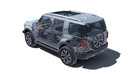Presented with a ghost effect, a detailed cutaway image of a generic SUV is isolated on a white background.
