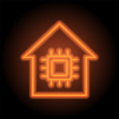 CPU, house simple icon vector. Flat desing. Orange neon on black background