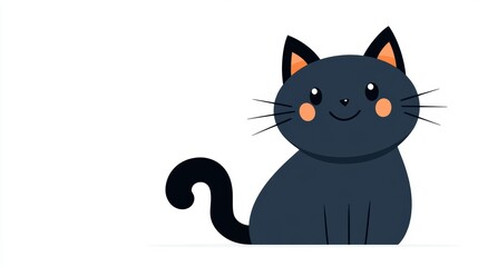 Smiling black cat with curled tail, Black Cat Day, white background, flat design illustration