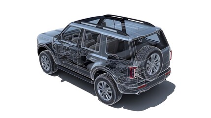 Presented with a ghost effect, a detailed cutaway image of a generic SUV is isolated on a white background.
