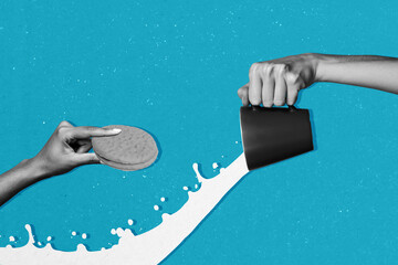 Composite trend artwork 3D sketch image photo collage of kitchen food eat cook huge hand hold cup mug milk drink lactose pour cookie sweet