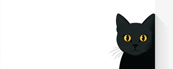 Black cat with yellow eyes, Halloween theme, Black Cat Day, white background, flat design illustration