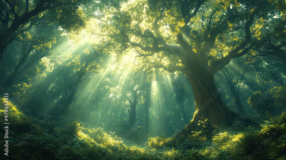 Poster a forest with a tree in the middle of it