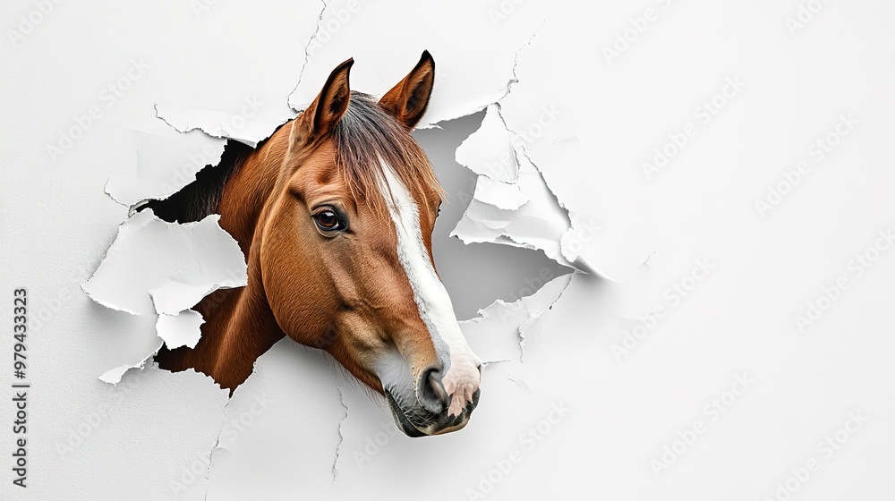 Sticker Playful horse peeking through ripped paper, curious horse observation. Torn paper texture, ripped paper effect, white background for customization. 