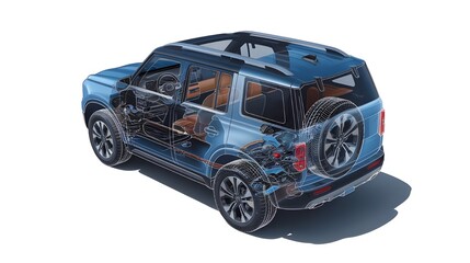 Presented with a ghost effect, a detailed cutaway image of a generic SUV is isolated on a white background.
