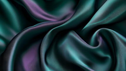 Fototapeta premium A luxurious silk texture in shades of emerald green and soft violet, with abstract flowing waves and smooth, glossy folds.