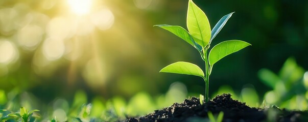 A young green plant growing in rich soil, symbolizing life, growth, and renewal under a bright sunlight.