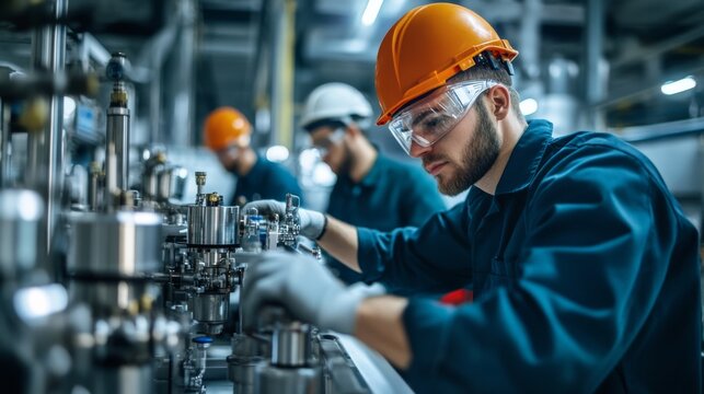 A workers assembling a complex machine in an industrial setting, focusing on their teamwork and precision. - Powered by Adobe