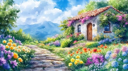 Naklejka premium A serene countryside scene featuring a charming house surrounded by vibrant flowers and lush greenery under a blue sky.