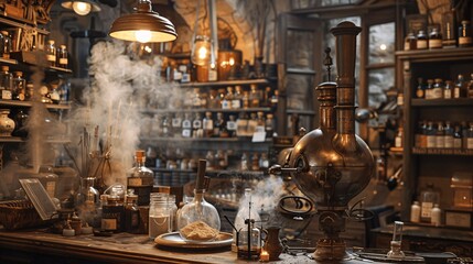 Antique Alchemy Lab Countertop with Steam and Potions