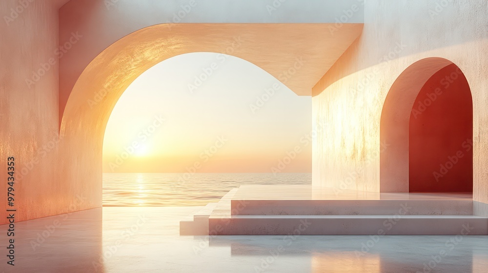 Aufkleber a large archway with a view of the ocean and a sunset