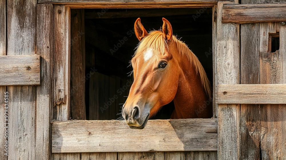 Poster A horse looking out from a rustic wooden barn on a sunny day in the countryside