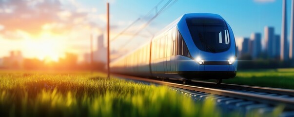 Modern train speeding through countryside at sunset.