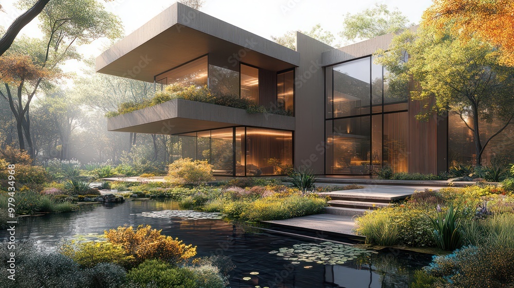 Poster a large house with a large garden and a pond in front of it
