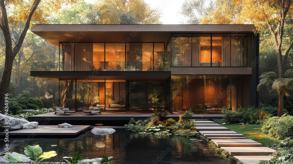 Poster a large house with a pool and a garden