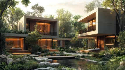 Obraz premium A house with a large garden and a pond in front of it