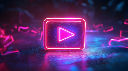a digital media video icon glowing neon, with light effect, on a dark background